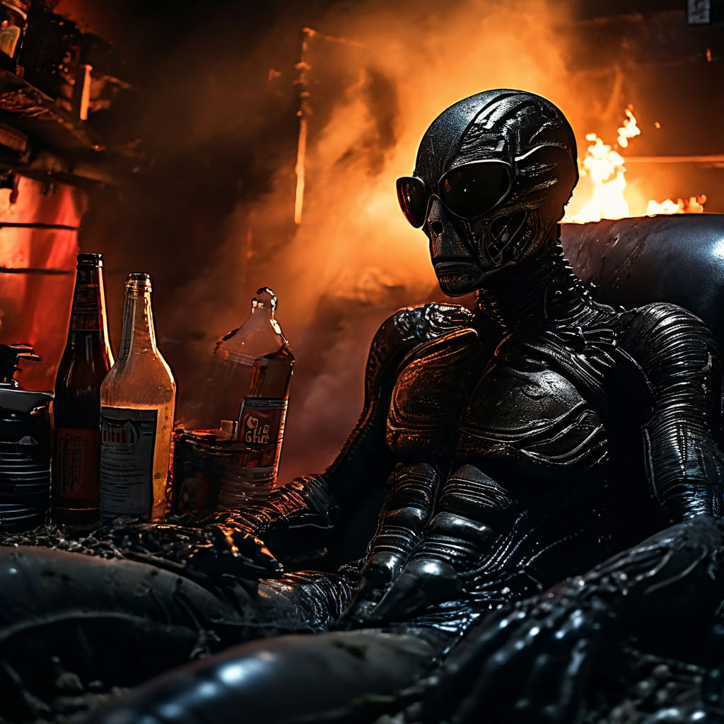 Woe stricken alien man under the influence torn from the depths of solitude in an alien habit