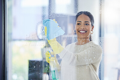 2525123 woman window and cleaning with water gloves and spray at office home or workplace cle