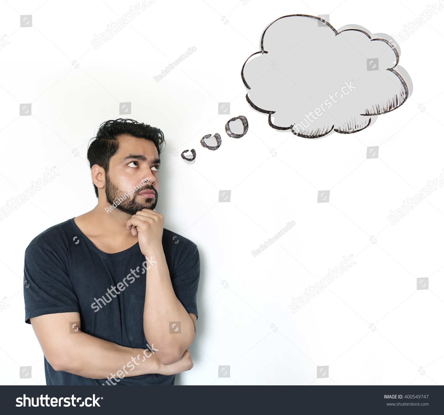 Stock photo young indian man thinking of thought bubble on white background 400549747