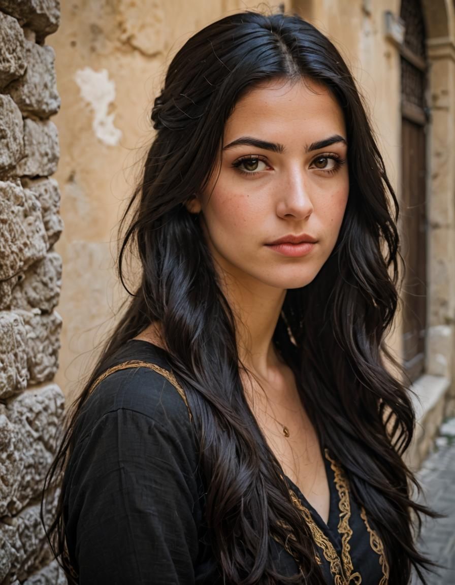 A beautiful a twenty year old italian girl she has long black hair brown eyes and a greek prof