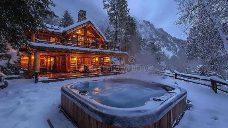 Warm log cabin surrounded deep snow features twinkling lights bubbling outdoor hot tub inviti