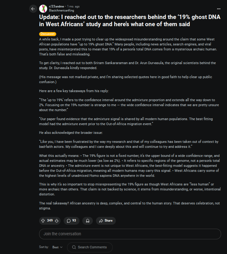 Update I reached out to the researchers behind the 19 ghost DNA in West Africans study and h