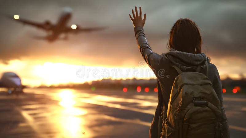 Person stands airport waving farewell as sun sets airplane taking off gracefully background tr