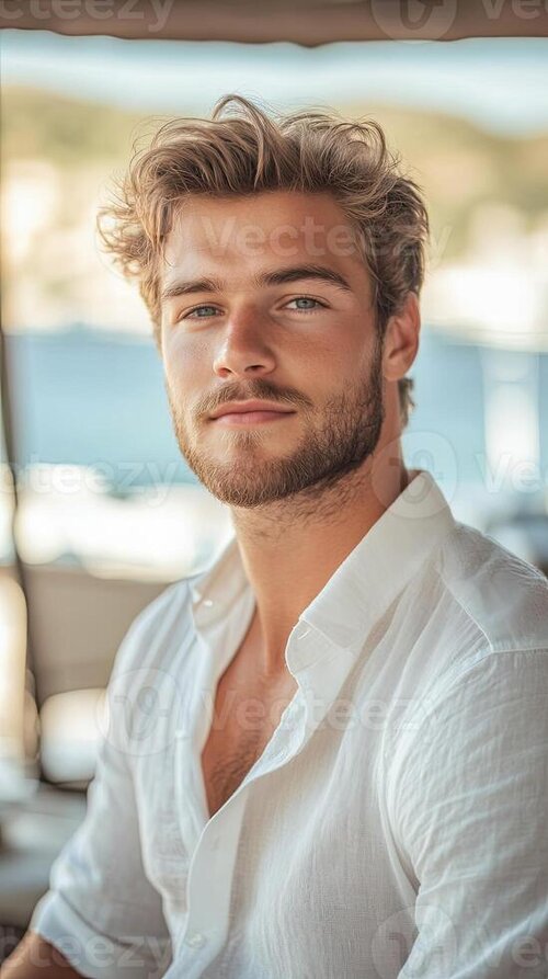 Handsome man in a white linen shirt outdoor portrait photo