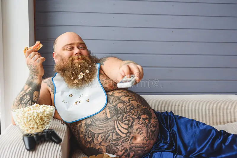 Lazy thick guy watching tv home pizza television my friends happy fat man holding remote cont