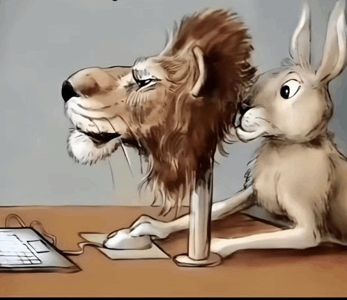 Rabbit hiding behind lion mask rabbit