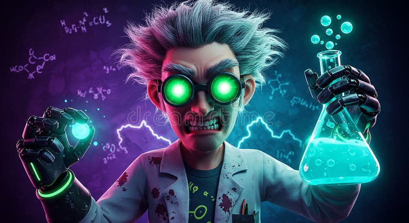 Cartoonish mad scientist character wild gray hair glowing green eyes cartoonish mad scientist 