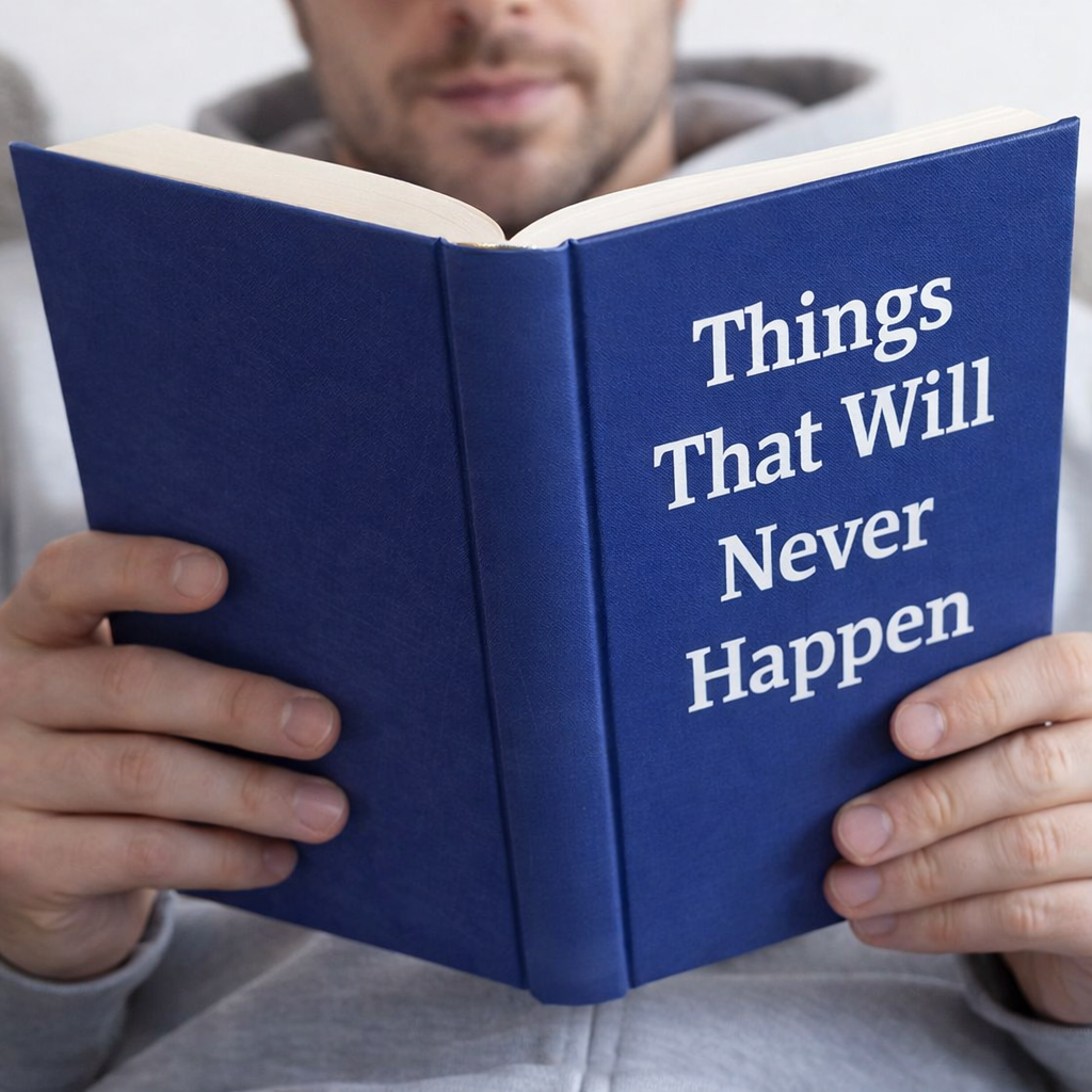 Reading a blue book on a grey couch