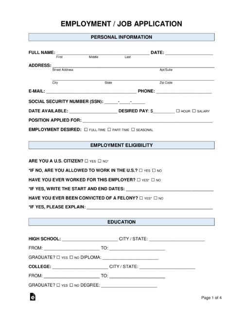 Employment Job Application 550x712