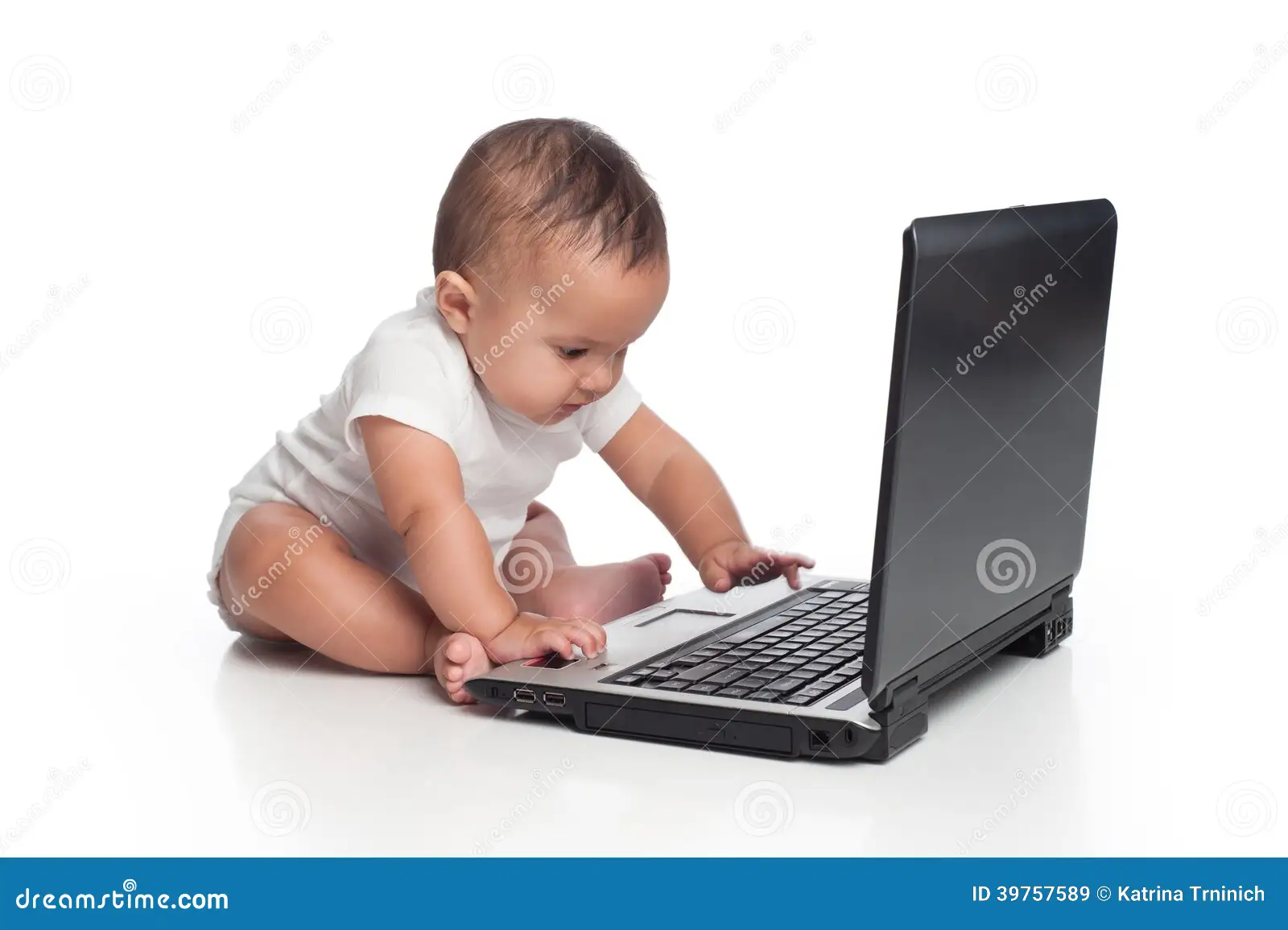 Baby boy typing laptop computer portrait seven month old hispanic wearing onesy there motion 