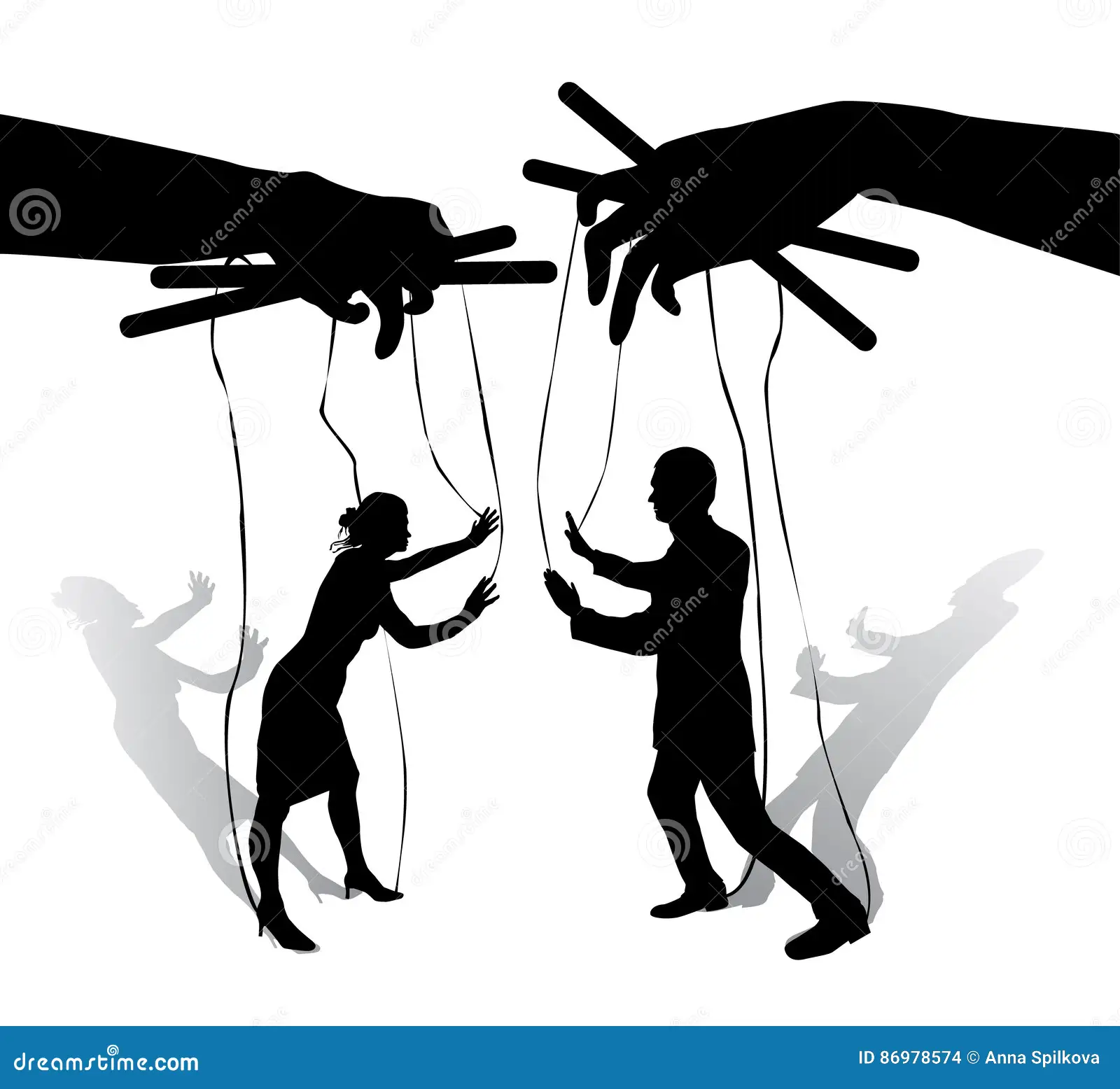 Two human puppets talk argue hands holding strings silhouettes men women 86978574