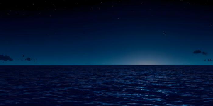 A dark blue ocean stretches under a starry night sky with a faint light on the horizon photo