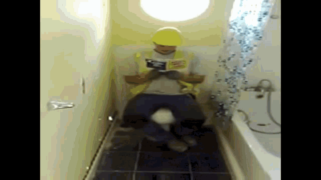 Construction worker builder pulled through wall toilet