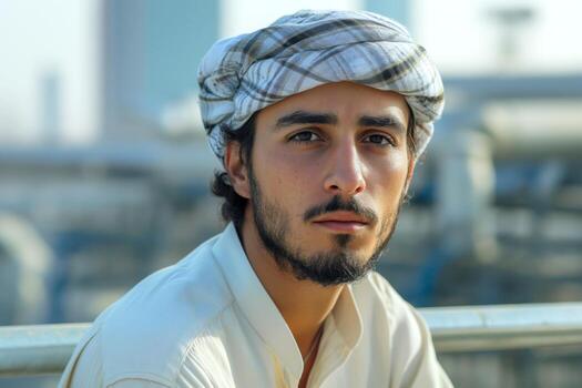 A young arab man with a beard and traditional headwear gazes thoughtfully at the camera in a 