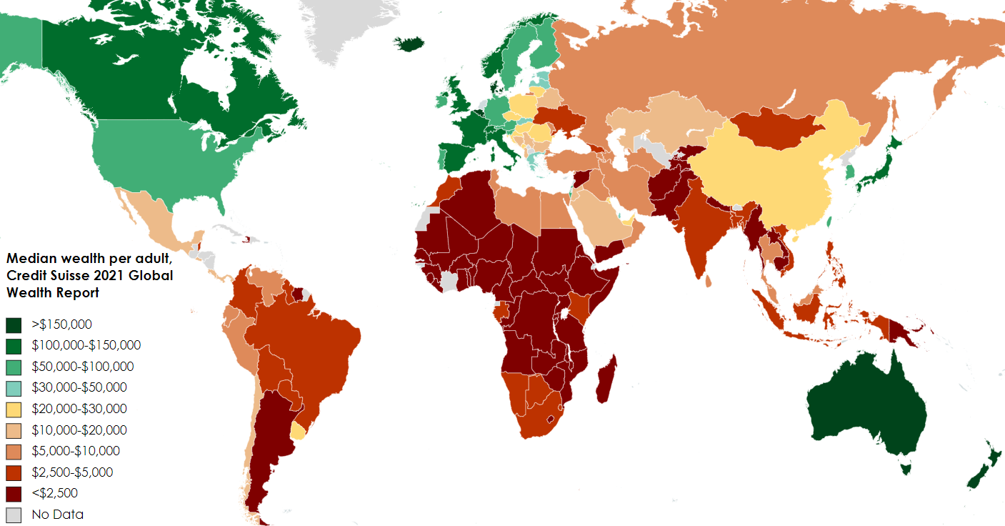 World map of median wealth per adult by country Credit Suisse 2021 publication 1