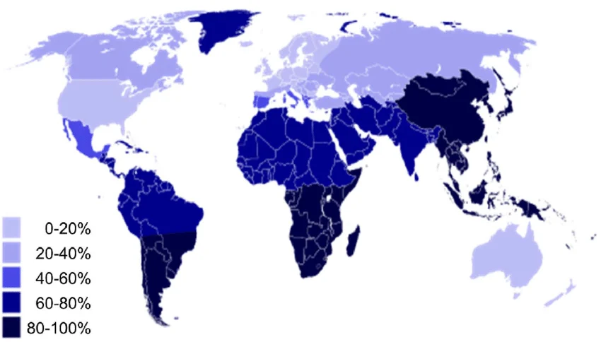 Lactose intolerance worldwide of total population