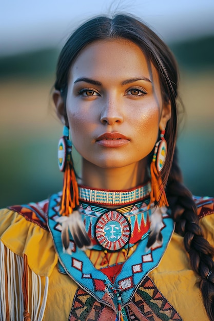 Portrait native american woman traditional clothing background traditional native american vil
