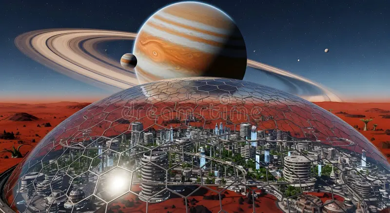 Futuristic domed city mars clusters modern circular buildings under transparent geodesic dome