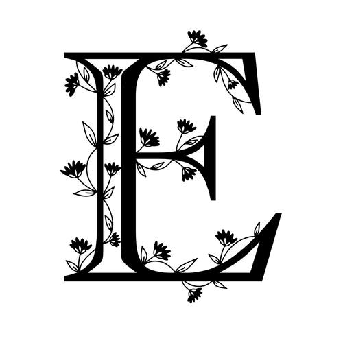 Floral botanical alphabet vintage hand drawn monogram letter e letter with plants and flowers