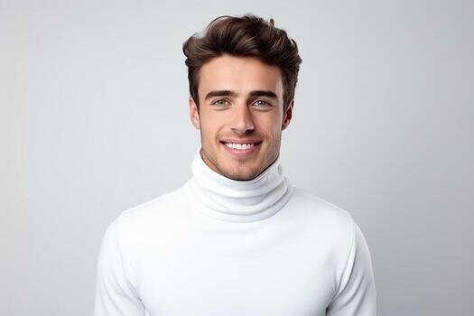 Ai generated portrait of happy man wearing high necked on white isolated background photo