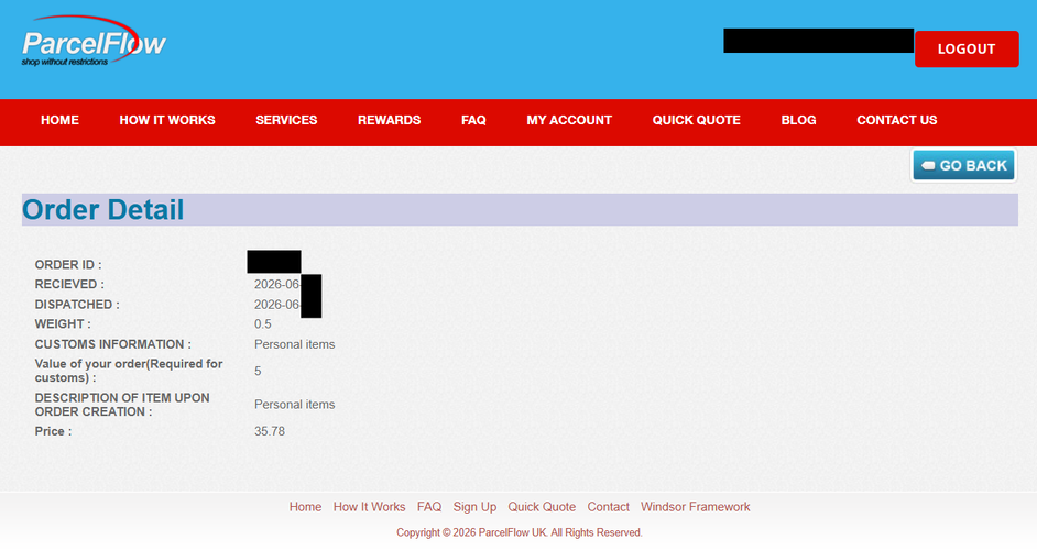 ParcelFlow order details Shipping to home Country