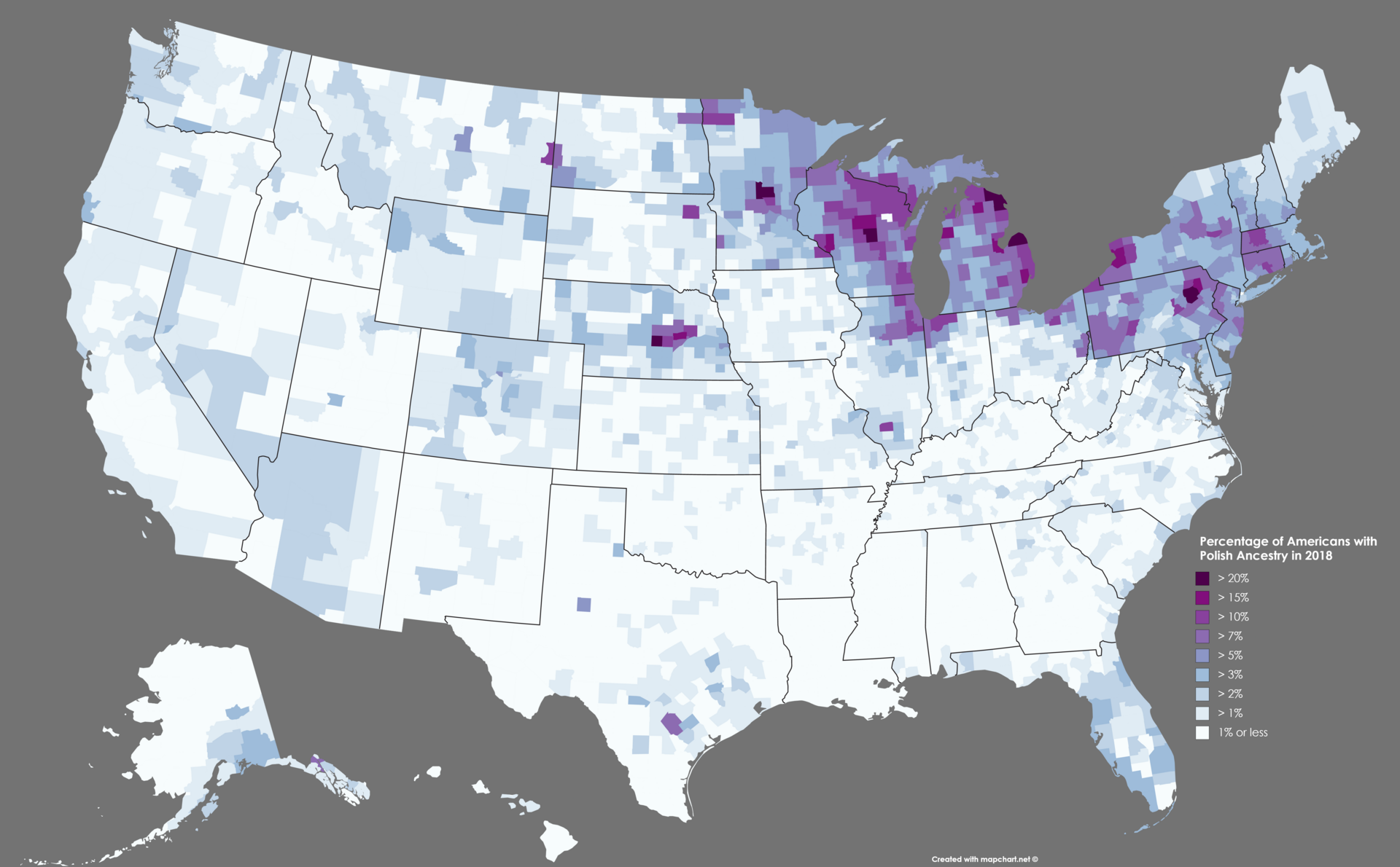 Distribution of Americans claiming Polish Ancestry by county in 2018