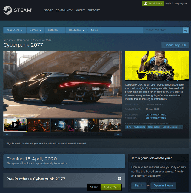Cyberpunk 2077 page with a date on steam for pre order v0 vewu7kqmbe331