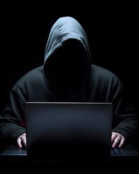 Ai generated anonymous hacker with computer laptop cybercrime cyberattack dark web concept photo