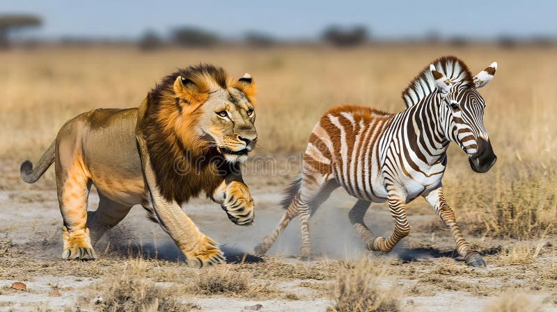 Powerful lion hunting zebra vast african savanna witness drama wild its natural habitat excell