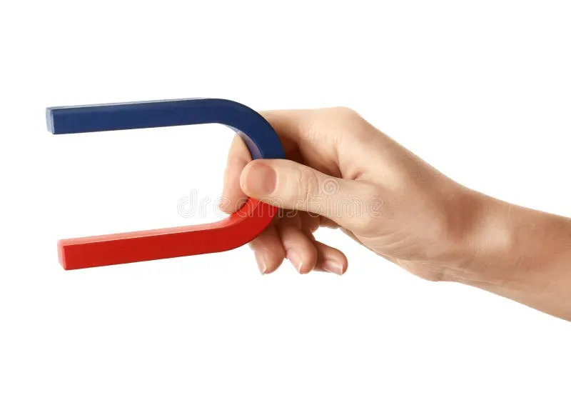 Woman holding magnet white background closeup 156842272