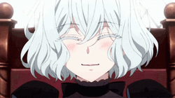 White hair anime girl smiling like a dumbass