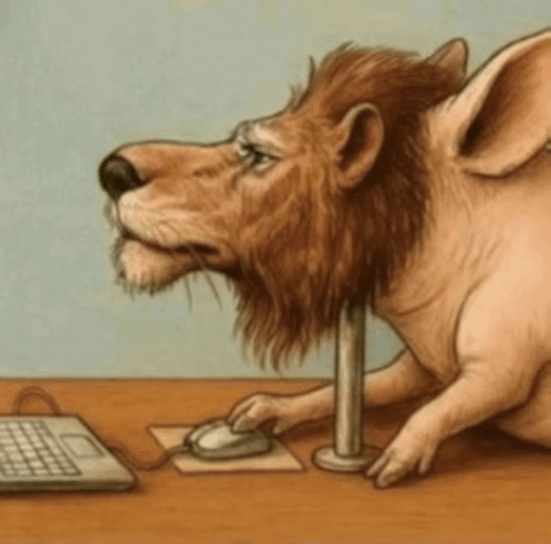 Rabbit behind lion mask pig