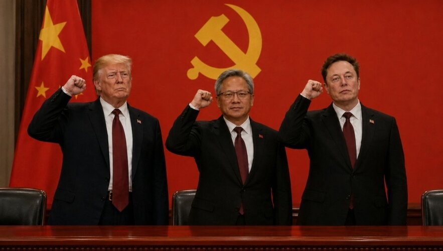 BnePeople US in China   Elon Musk TRump Nvidia is Jensen Huang   fist raised in front of China