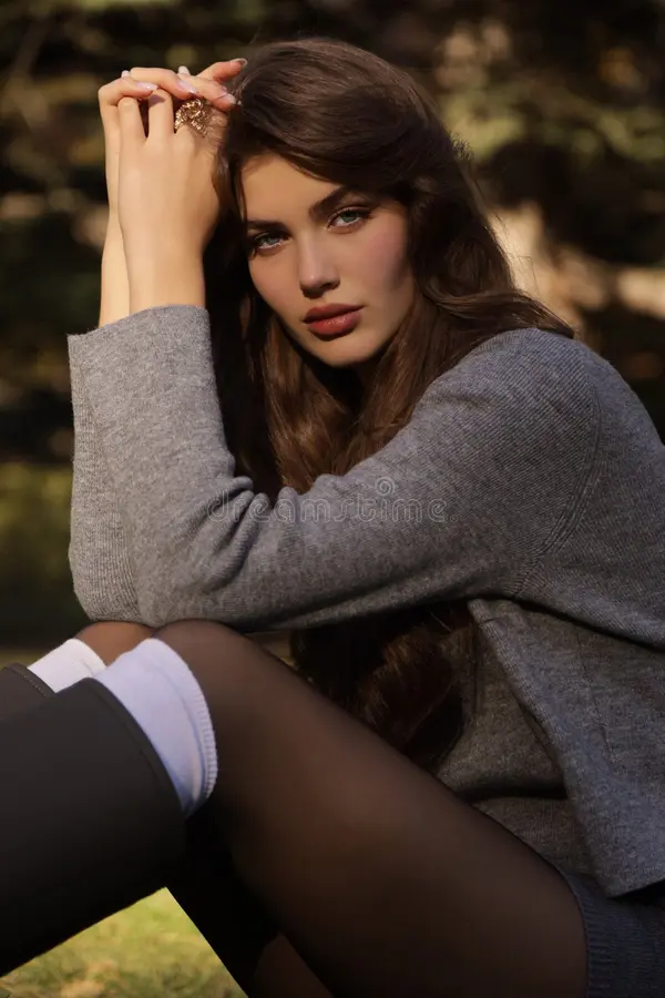 Beautiful young slavic woman long dark natural hair elegant clothes fashion outdoor photo bea