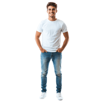 Smiling young man standing with hands in pockets standing front view isolate on transparent b