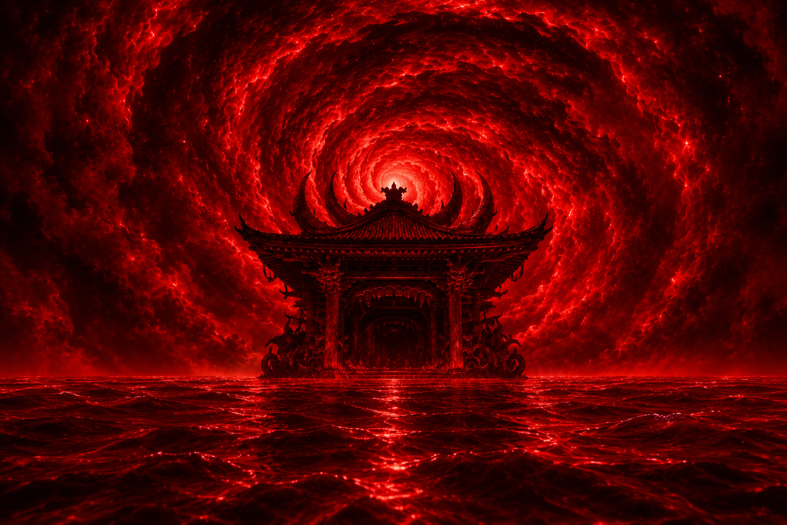 Crimson Vortex Temple Over a Blood Sea