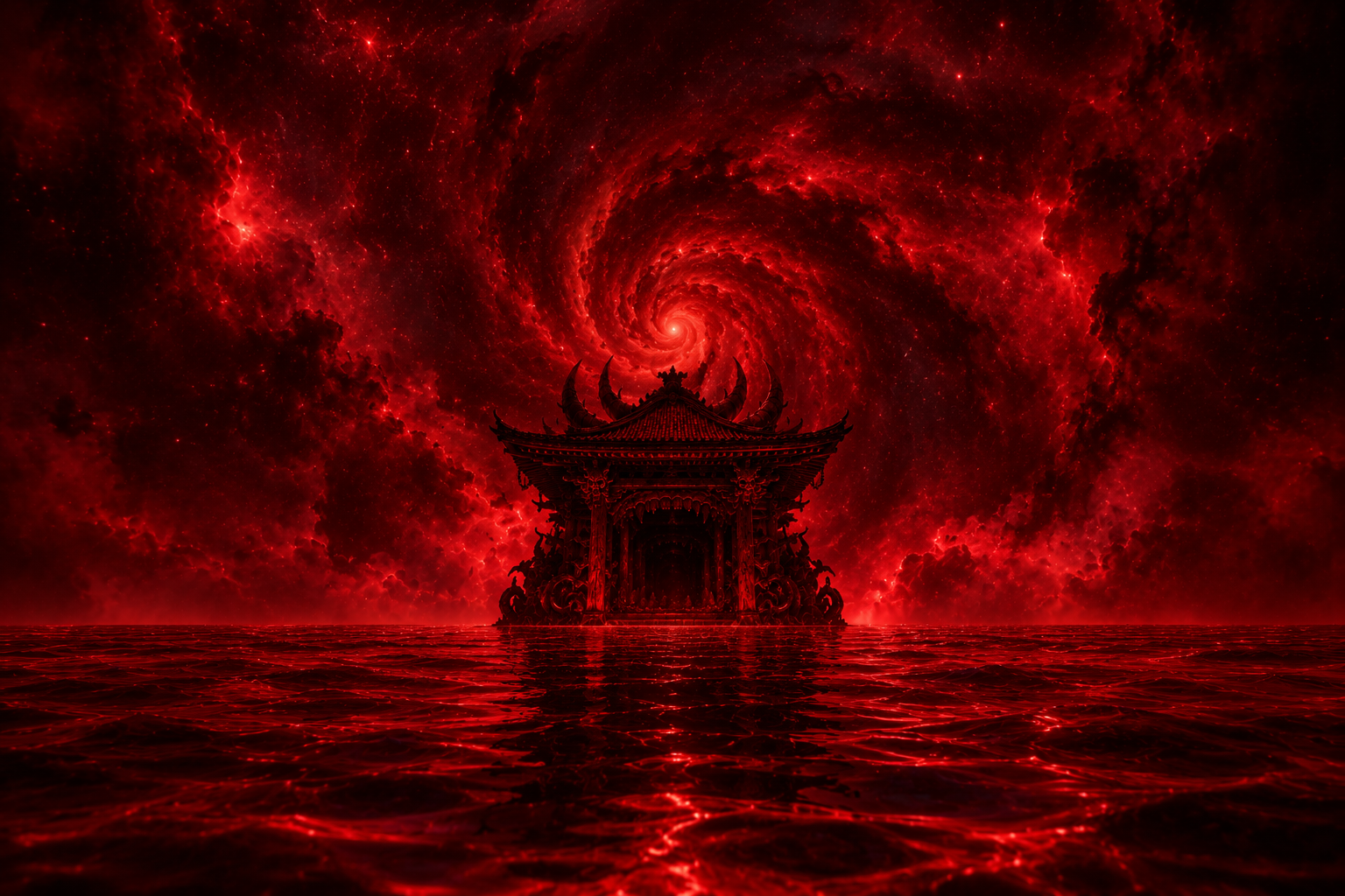 Crimson Temple Beneath the Cosmic Vortex